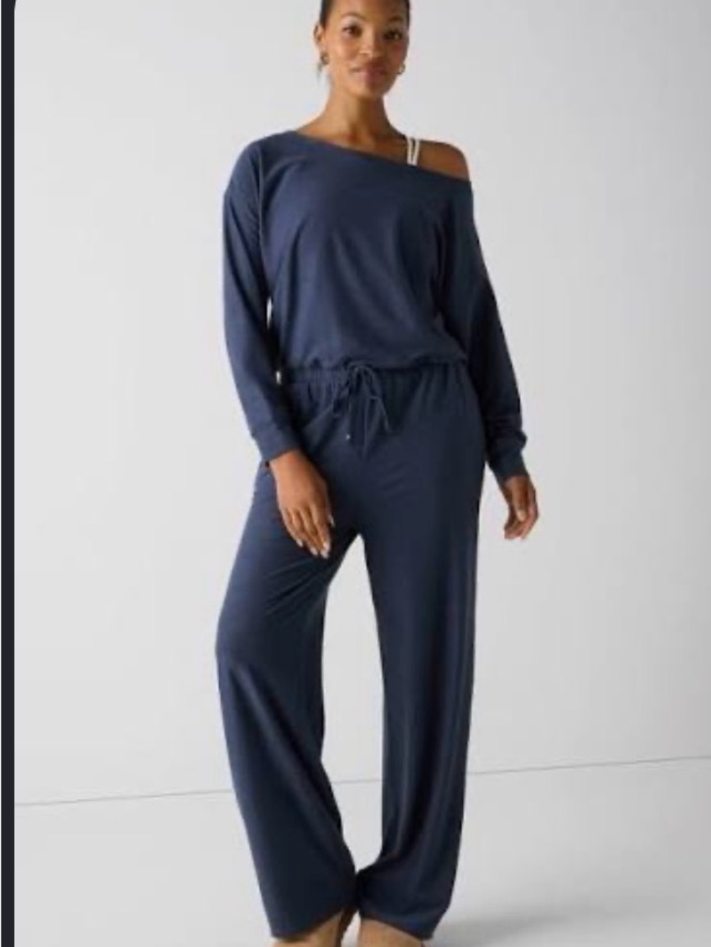 Fabletics Cloud Jersey Navy Wide-Leg Off-Shoulder Jumpsuit - women’s